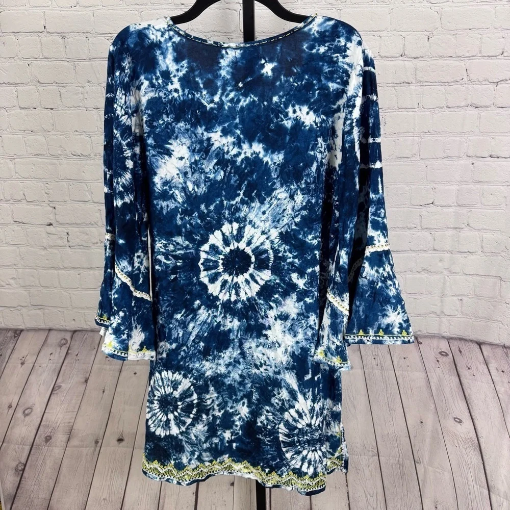 Skemo Blue and White Tie Dye Bell Sleeve Swim Cover Up/Dress Size Medium